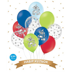 Набір повітряних кульок "Happy birthday роботи", мікс, зірочки на прозорому, 10шт.уп.,арт. 18-022