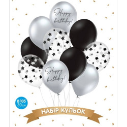 Набір повітряних куль, "Happy birthday Classic" чорний, срібло, хром 10 шт. в уп., арт. 18-009