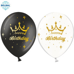 Повітряна кулька (B105, 30 см), Happy Birthday Корона мікс (чорні, білі) 25 шт. 5 ст. арт. 258-0223