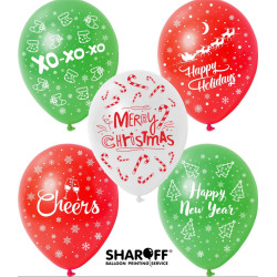 Повітряна куля (12'' 30 см) Merry Christmas "Новий рік", білий, червоний, зелений 50 шт. 5 ст., Арт.
